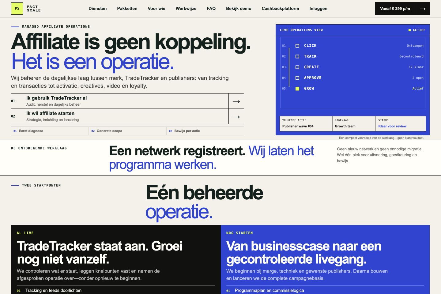 PactScale interface met het operationele Click Track Create Approve Grow-model
